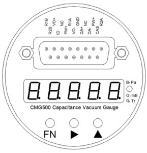 Передняя панель CMG500: 5-разрядный LED-дисплей, кнопки FN ▶ ▲, переключение единиц Па/мбар/Торр